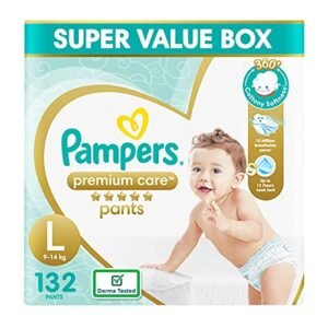 Pampers Premium Care Pants Style Baby Diapers, Large (L) Size, 132 Count, All-in-1 Diapers with 360 Cottony Softness, 9-14kg Diapers